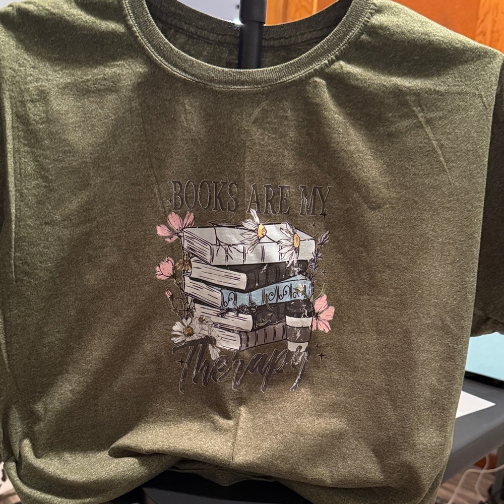 Women’s "Books Are My Therapy" Graphic Tee - Olive